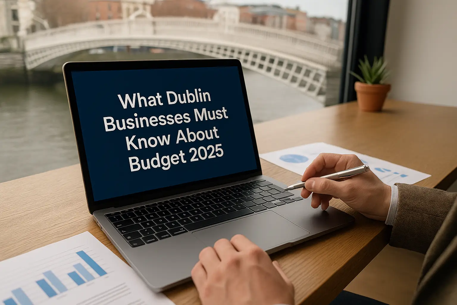 Business professional reviewing Budget 2025 insights for Dublin businesses on a laptop, with Ha'penny Bridge view in background.