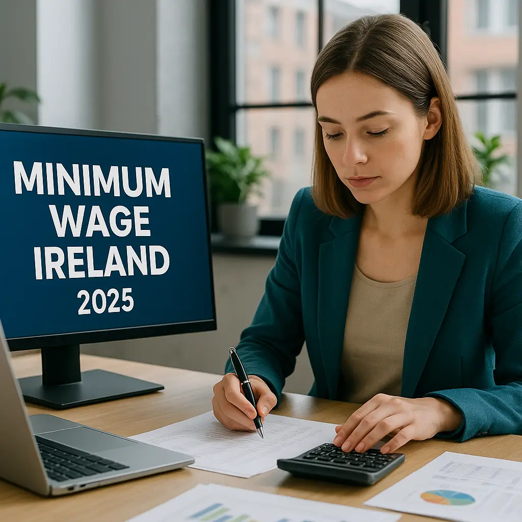 Young woman in a modern Dublin office researching minimum wage Ireland 2025, working on financial documents with a calculator and computer.