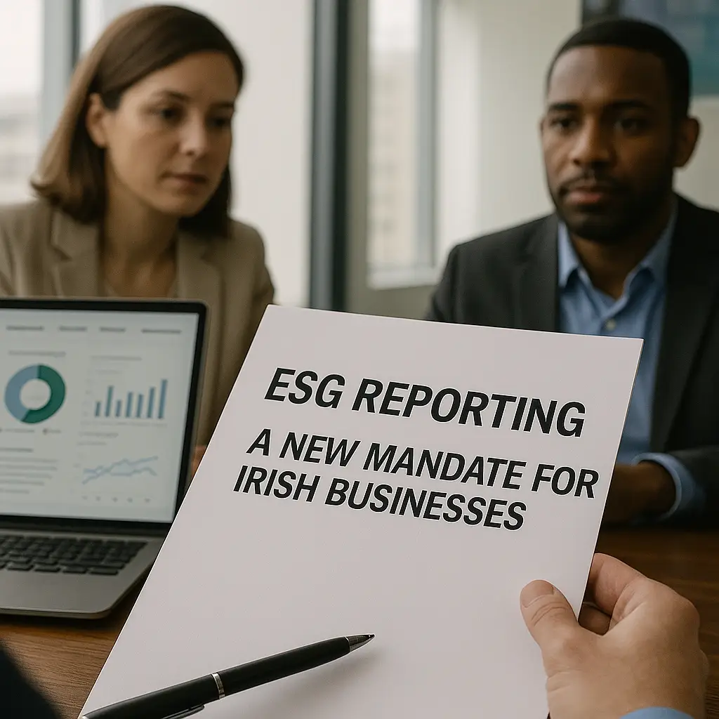 Three business professionals in a modern Dublin office reviewing ESG reporting documents and digital sustainability metrics for Irish compliance.
