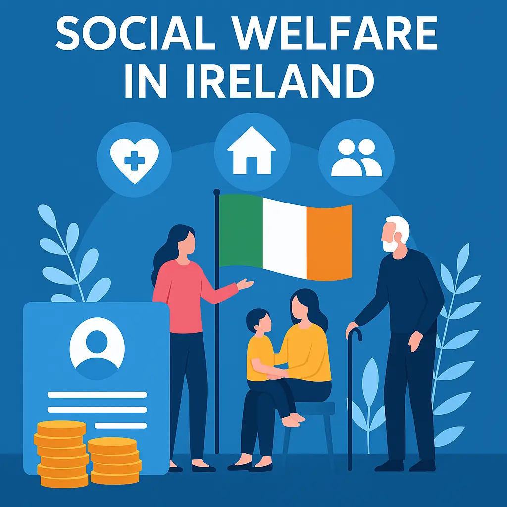 Illustration representing Social Welfare in Ireland, featuring diverse citizens including a woman, child, and elderly man, with symbols of healthcare, housing, and family support, the Irish flag, coins, and an ID card on a blue background