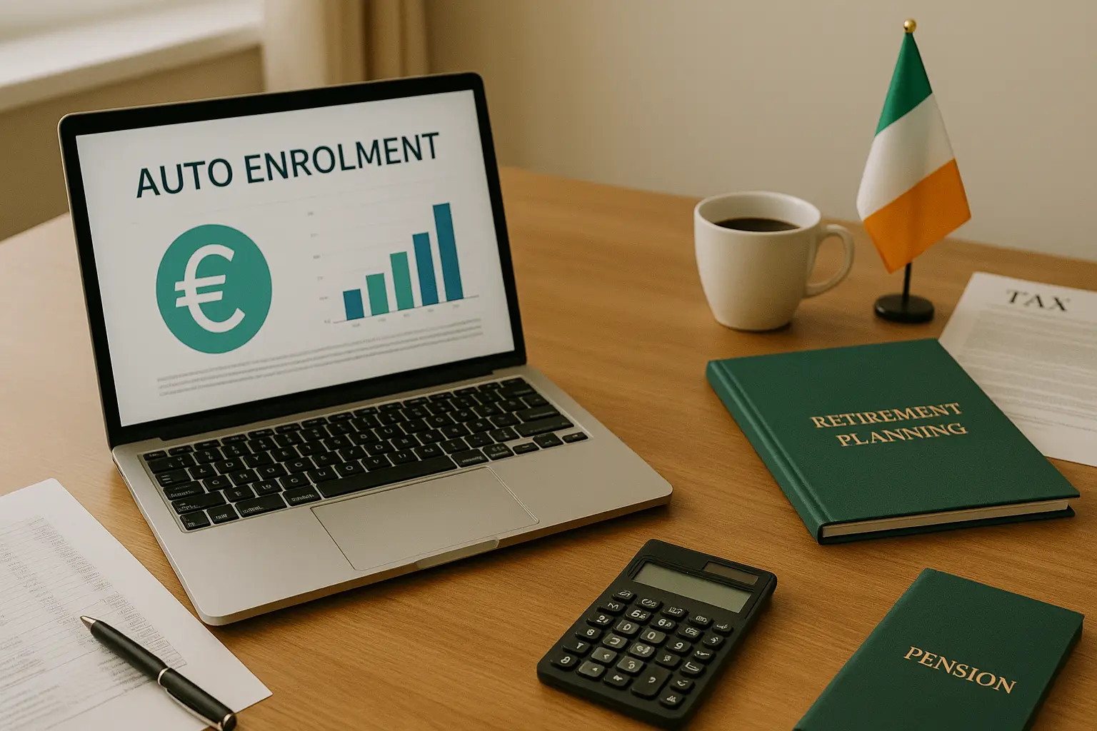 Realistic office desk setup with a laptop displaying an auto enrolment graph, green retirement planning and pension books, financial documents, calculator, coffee mug, and a small Irish flag — symbolizing SME pension reforms in Ireland.